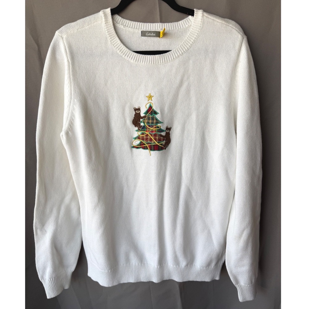 100% Cotton Cabelas Cabin Holiday Christmas Bear Sweater White Embroidered Large